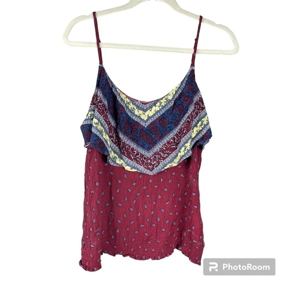 MAURICES Spaghetti Strap Blouse 100% Rayon Burgundy and Navy Blue Pattern - Picture 1 of 9